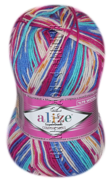 Пряжа SUPERWASH Alize comfort socks - (цвет 7654 - Василёк, бирюза, слива)