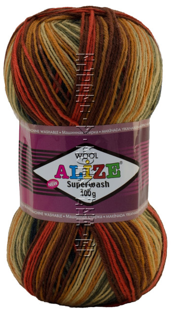 Пряжа SUPERWASH Alize - (цвет 3252 - оранжевый, хаки, коричневый)
