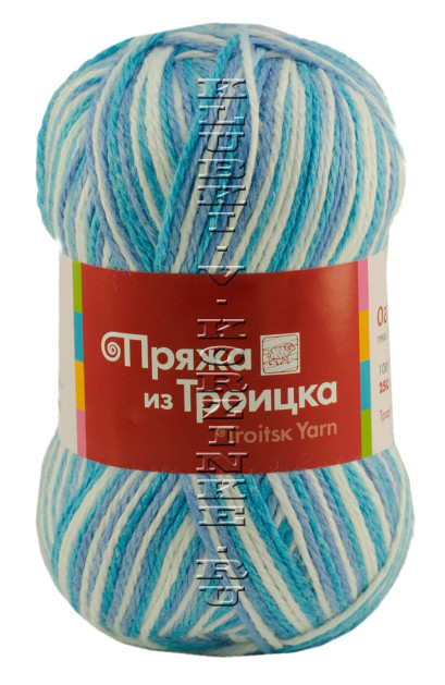 Пряжа Троицкая «Огонек» - (4145 - Белый, голубой, бирюзовый)