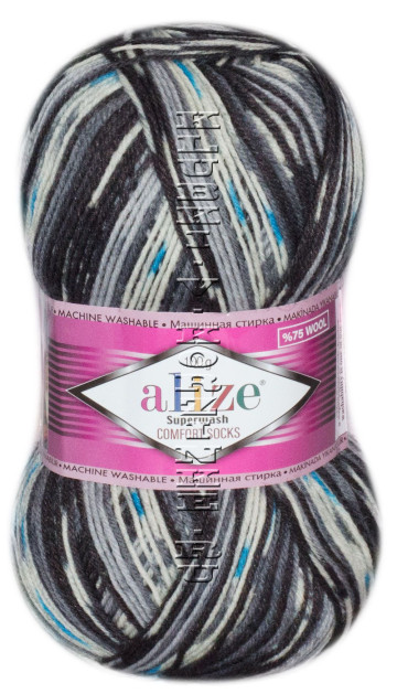 Пряжа SUPERWASH Alize comfort socks - (цвет 7650 - Графит, серый, молочный, бирюза)