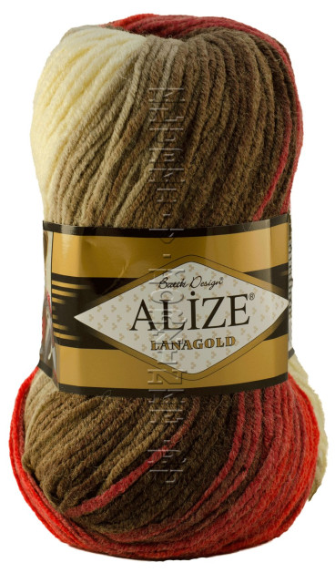 Пряжа LANAGOLD BATIK Alize - (4574 - Кремовый, беж, коричневый, алый)