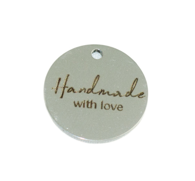 Металлическая бирка круглая D 16 «Hand Made with love» с одним отверстием 